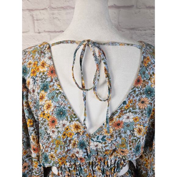 No Comment Womens L Floral‎ Dress & Side Waist Slits Puffy Sleeves Boho - Picture 15 of 16